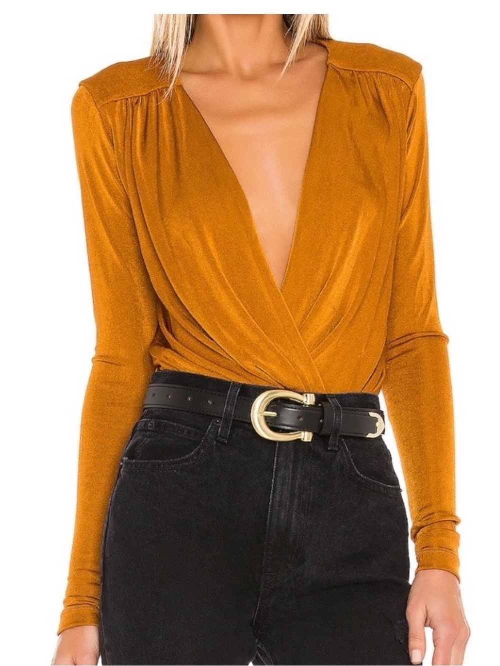 Free People Mustard Wrap V-Neck Long Sleeve Bodysuit